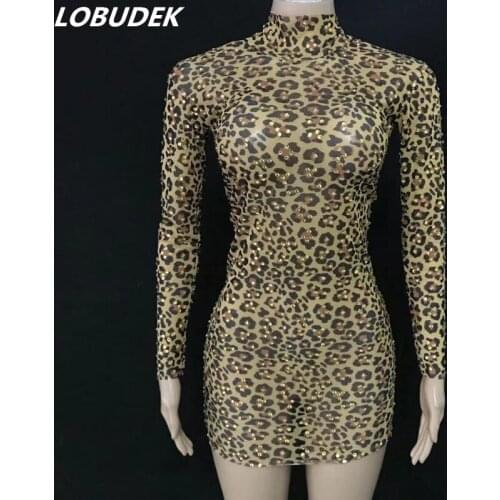 Sexy Transparent Women Leopard Rhinestones Mini Dress Long Sleeve Mesh Birthday Prom Club Party Short Dress Singer Stage Wear
