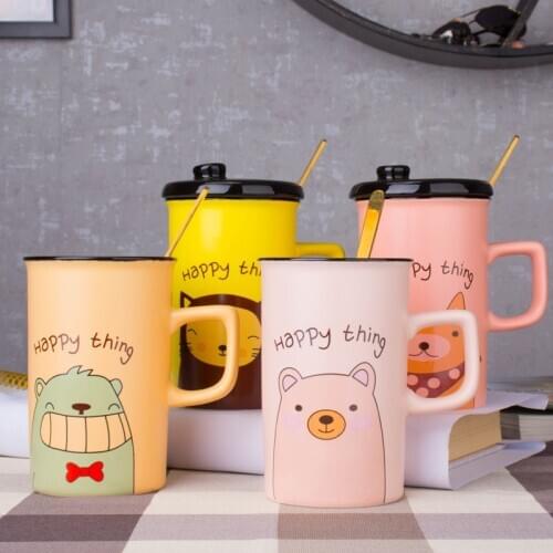 Cute animal Ceramics Coffee Mug With Lid Spoon Animal 380ml Mugs creative Drinkware Coffee Tea Cups Novelty Gifts milk cup