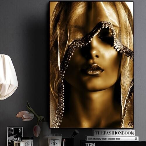 Nordic Simple African Gold Makeup of The Female Poster Printing Oil Painting Wall Pictures for Living Room Frameless Mirrors