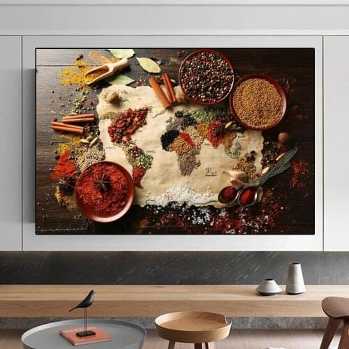 Canteen Kitchen Decoration Spice Puzzle World Map Poster and Food Canvas Painting on Nordic Wall Decoration