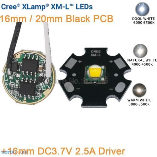 Cree XML XM-L T6 Cool White Neutral White Warm White 10W High Power LED Emitter 16mm 20mm Black PCB+ DC3.7V 2.5A 5 Mode Driver