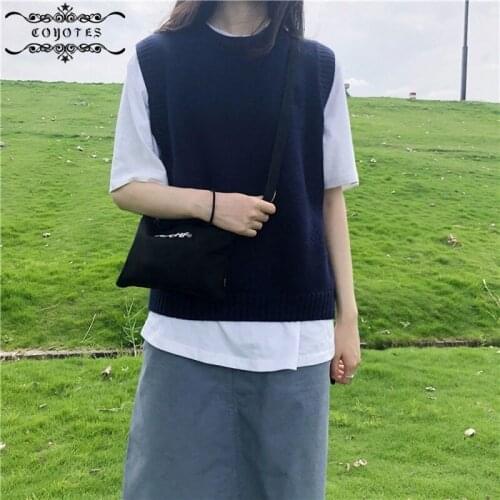 Sweater Vest Women Solid Knitted O-Neck Sweaters Vests Womens Korean Preppy-style Autumn Loose Fashion Jumpers Chic All-match