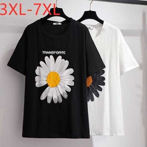 New 2021 summer plus size tops for women large loose casual short sleeve black white cotton floral print T-shirt 4XL 5XL 6XL 7XL