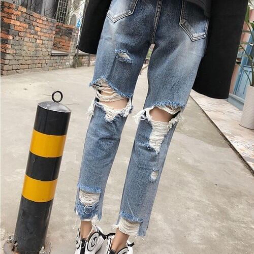 Hole Jeans Women Fashion Streetwear Harem Pants Woman Loose Casual Boyfriend High Waist Tassel Blue Jeans