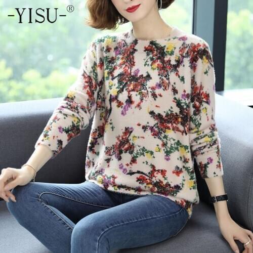 YISU Women Sweater Printing O-Neck Knitted pullover Long Sleeve Casual Fashion All-match Loose Warm Imitation Mink Female Jumper