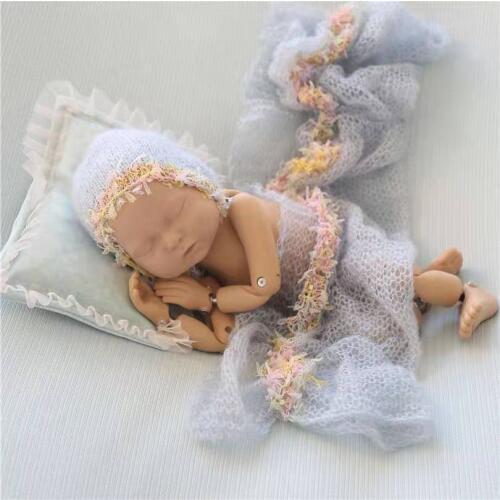 Knit Lace hat and wrap Set Newborn Photography Props Jersey Stretch Wrap Crochet Mohair Soft Bonnet Baby Props Swaddle Blanket