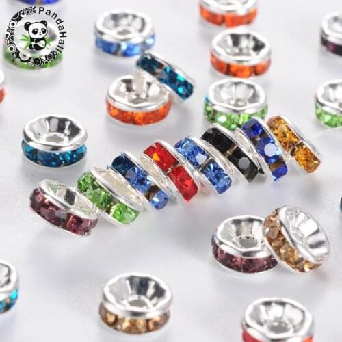 100pcs Mixed Color Brass Metal Grade A Rhinestone Spacer Jewelry DIY Beads Metal Silver Color Nickel Free 6x3mm, Hole: 1mm