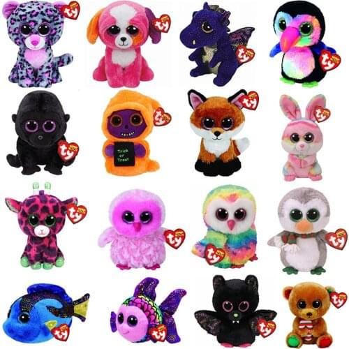 15CM Ty Beanie Boos Big Eyes Stuffed Plush Animals Doll Glowing Dinosaur Penguin Bat Leopard Childrens Collection Birthday Gift