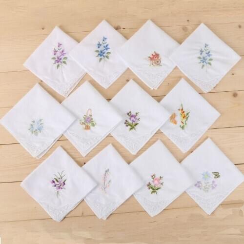 3Pcs/Set Women Basic White Square Handkerchief Floral Embroidered Pocket Hanky Butterfly Lace Cotton Baby Bibs Portable Towel