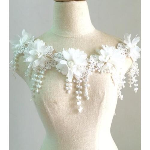 5 Yards/Lot Pretty Flower with Pearl Wedding Deco Fringe Lace Trim DIY Craft 8.5cm Off White 3D Chiffon Rose Lace Fabric