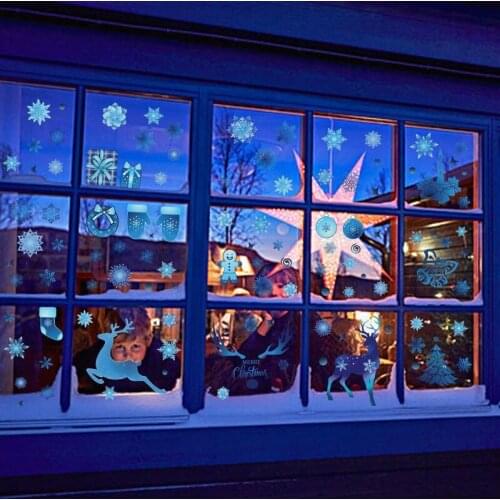 9 Sheet Christmas Blue 3D Snowflake Elk Static Window Stickers Glass Christmas Decoration Santa Elf Gnome New Year Wall Stickers