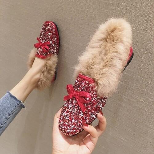 Bowknot Glitter wedding fur flat shoes women espadrilles plus size35-41 bling ballerina square toe paillette plush moccasins2020