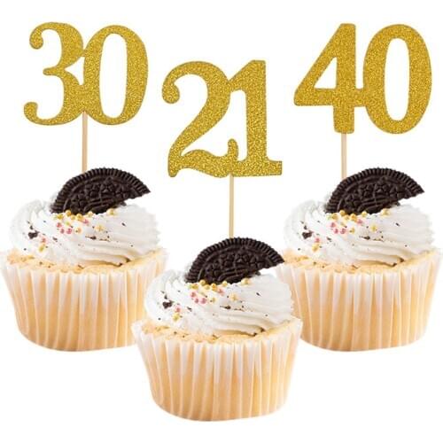 20Pcs Glitter Gold Number Cake Topper 21 30 40 50 60th Birthday Party Decor Digit Number Cupcake Flags Wedding Aniversary Supply