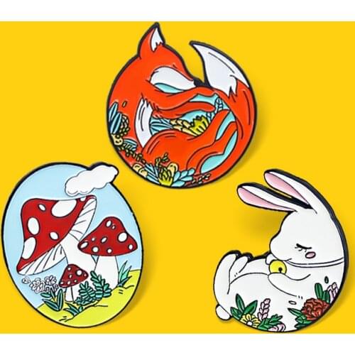 Cartoon Animal Brooches Plant flowers Red Fox Rabbit Mushroom Enamel Pins Bag Clothes Lapel Lovely Badge Jewelry Gift for Kids