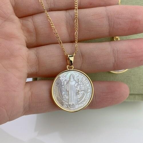 Saint Benedict Necklace 2021 Figaro Chain Round Mother of Pearl Shell Badge Religious Pendant Holy Bible Jewelry For Woman