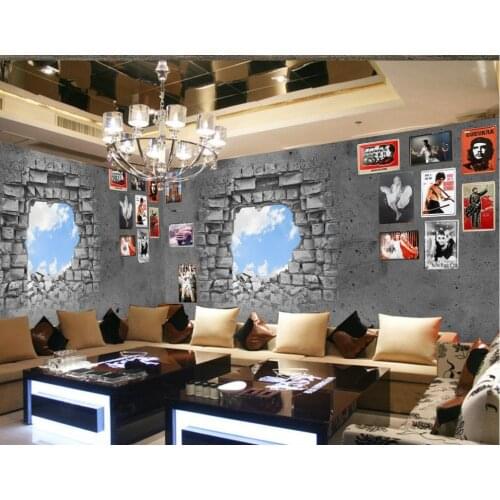 Decorative brick wall mural 3d paintings 3D stereoscopic creative retro wallpaper sky broken brick wall
