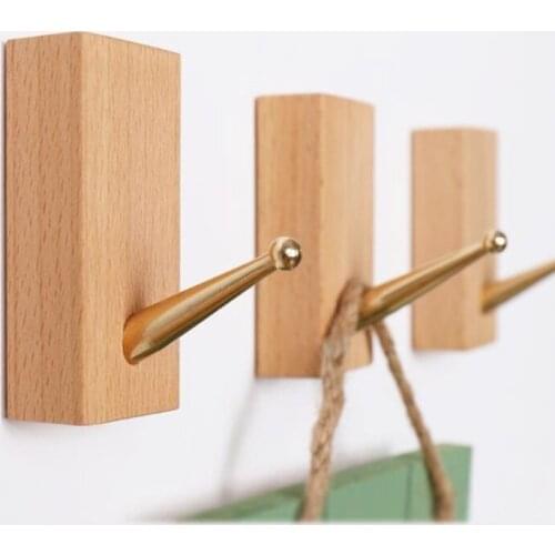 LCH Nordic Style Oak Wood Black Walnut Wood Clothes Hook Keys holder Cupboard Handle Handles Brass Color Entryway Wood Hook