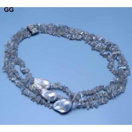 GG Jewelry 3 Rows Natural Grey Keshi Baroque Pearl Real Labradorites Stone Necklace For Women
