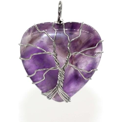 KFT Natural Wire Wrapped Tree of Life Love Heart Stone Pendant Healing Amethysts Crystal Quartz Reikie Stone Pendant Jewelry