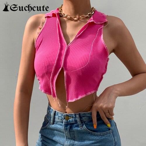 SUCHCUTE Sexy V-Neck Sleeveless Womens Crop Tops y2k Aesthetic Ribbed 90s Outfits Tank Tops Summer Streetwear Skinny Tops