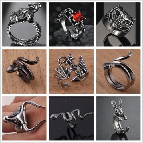 Personality Bull Horn Ring for Men High Quality Vintage Dragon Snake Rabbit Male Jewelry Retro Unique Cow Shaped Rock Punk Ring