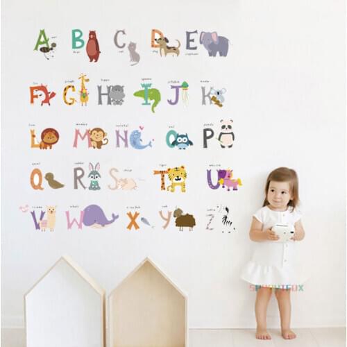 Cartoon 26 ABC alphabet words animals wall stickers for kids rooms nursery home decor pvc wall decals diy wallpaper