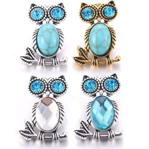 2019 New 10pcs/lot Snap Jewelry Cute Owl Rhinestone 18mm Metal Snap Buttons Fit Leather Snap Bracelet Bangle Necklace for Women