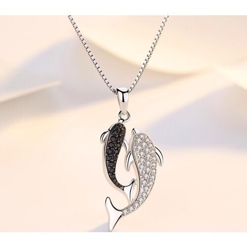 Real 925 Sterling Silver Jewelry Crystal Dolphin Box Chain Pendants&Necklaces for Women Solid Sterling-silver Choker Necklace