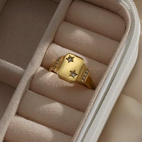 Luxury Elegant Non Tarnish Square Surface Small CZ Stone Paved Star Rings For Women Wholesale Gold Rings Jewelry