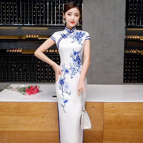 Sheng Coco Painted Silk Dresses White Blue Long Qipao Silk Designed Cheongsam Dress Plus Size Women Clothing Fishtail Evening