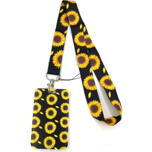 Black Sunflowers Art Cartoon Anime Fashion Lanyards Bus ID Name Work Card Holder Accessories Decorations Kids Gifts