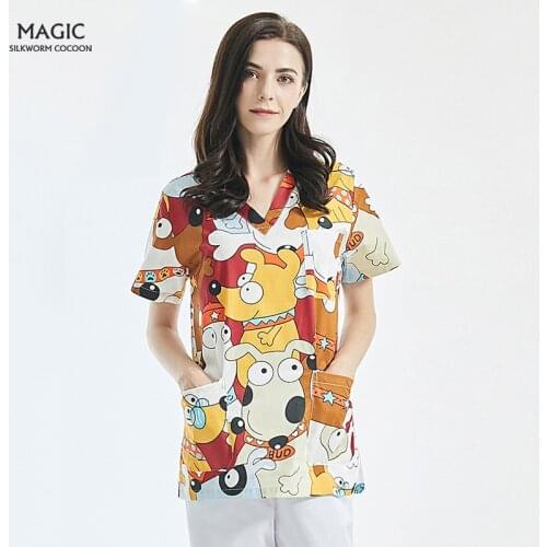 Brand scrub tops for women scrub uniform beauty Salon Beautician Work Uniform 100% print cotton lab clothes Pet grooming uniform