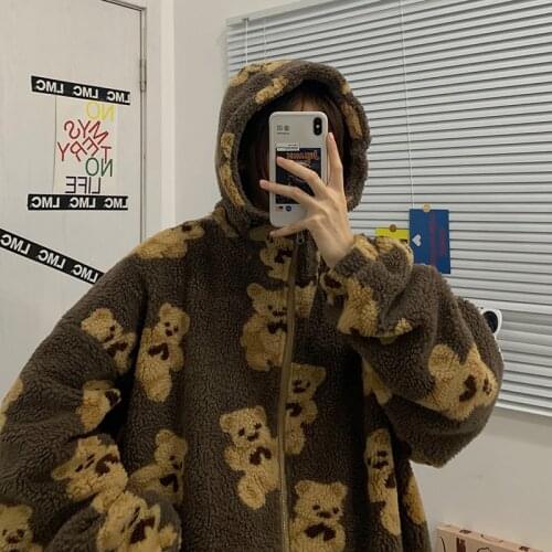 Cartoon Bear Lamb Wool Zip Up Hoodie Womens Sweatshirts Casual Oversized Brown Winter Clothes Women Jackets Cute Korean Coats