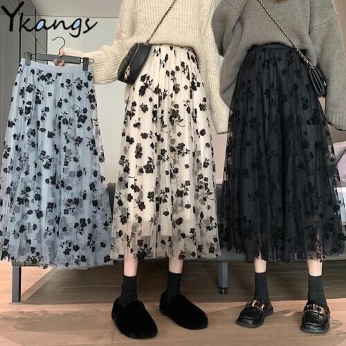 Flocking Flower High Waist Skirt Fashion Woman 2021 Midi Long Pleated Skirt Korean Vintage Winter Autumn Black Mesh Tulle Skirt
