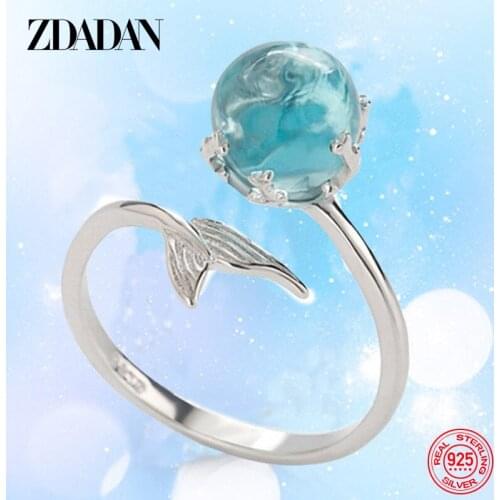 ZDADAN 925 Sterling Silver Open Blue Crystal Fishtail Rings For Women Creative Fashion Party Birthday Gift Jewelry