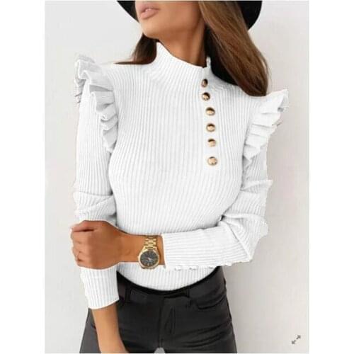 Spring New Women Blouse Fashion Elegant Button Deco Slim Female Pullover Casual O-Neck Long Sleeve Ruffles Solid Lady Shirt