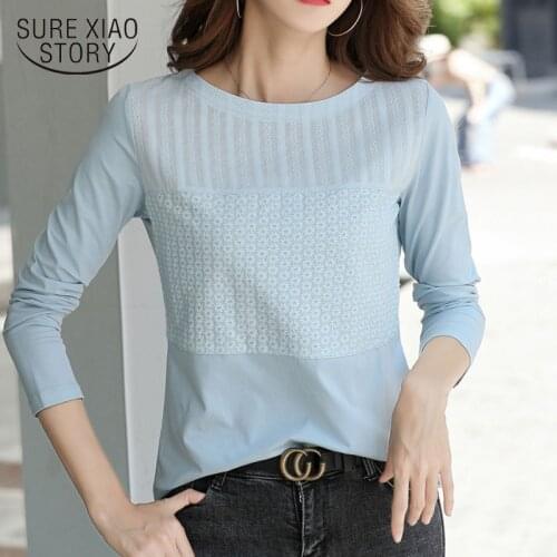 2020 Autumn Cotton T-shirt Women Embroidered Stitching Long Sleeve Shirt Women Slim Patchwork Office Lady Korean Clothes 10852