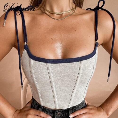 Dulzura Lace Up Bandage Patchwork Women Corset Crop Top Camis Bodycon Sexy Streetwear Party Club Elegant 2021 Summer Clothes