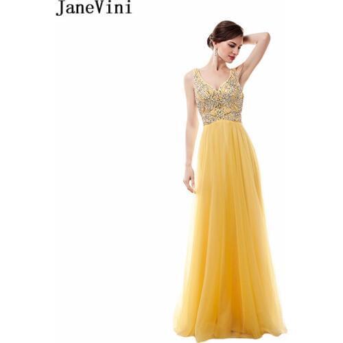 JaneVini 2018 Gold Plus Size Bridesmaid Dresses for Women Tulle V Neck with Beading Sexy A Line Floor Length Formal Prom Gowns