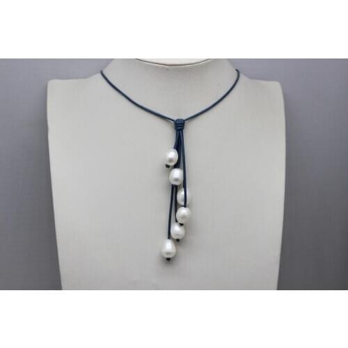 Handmade 6 Beads White Freshwater Pearls and Dark Blue Leather Necklaces 9x12mm 18INCH