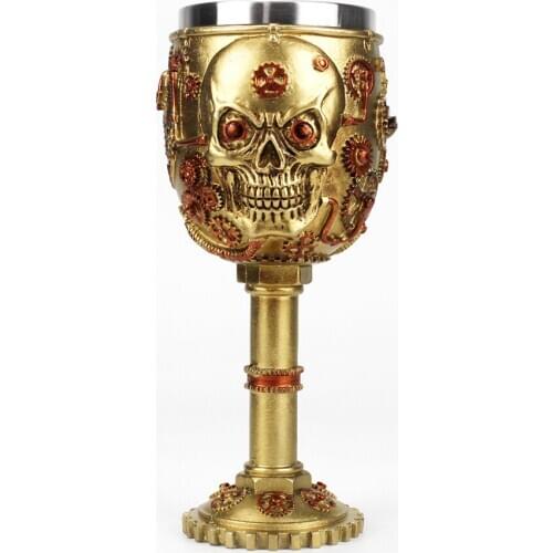 Wine Glass Goblet With 3D Gold Gear Skull Retro Stainless Steel&Resin Wine Cup BEST Birthday Halloween Gifts Bar Drinkware