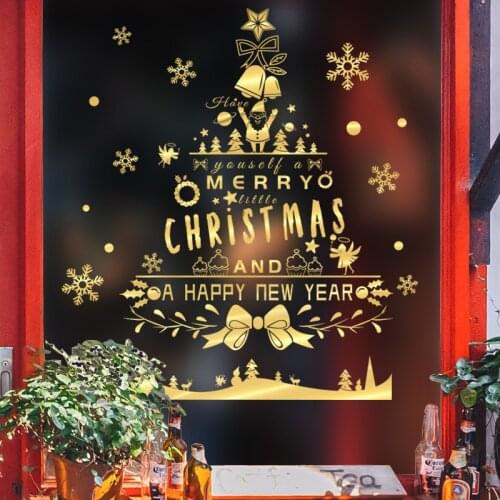 Golden Christmas Tree Window Stickers Decorative Electrostatic Stickers Christmas Decorations For Home New Year 2022 Wall Decal