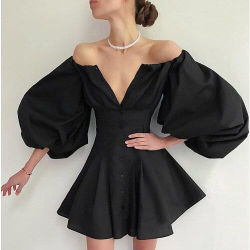 Elegant High Waist Fit And Flare Women Dress 2021 White Off Shoulder Mini Dress Dresses Black Latern Sleeve Button Down RV942