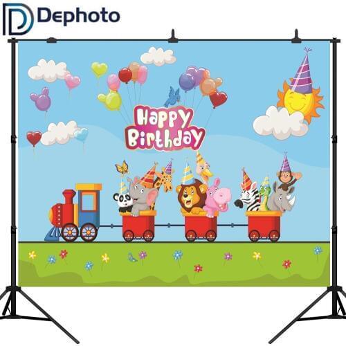 Dephoto Balloons Train Animal Happy Birthday Baby Photography Backgrounds Customized Photographic Backdrops For Photo Studio