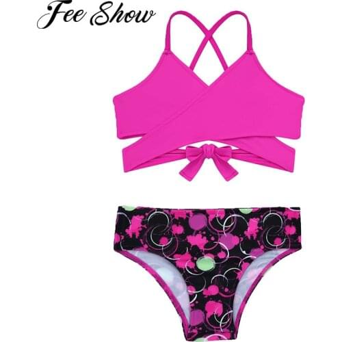 2Pcs Kids Bikini Sets Girls Print Swimsuit Swimwear Spaghetti Strap V Neck Crop Top Print Swimming Bottom Bathing Suit Beachwear