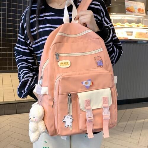 Lady Nylon Cartoon Badge Backpack Kawaii Female School Bag Mesh Girl Book Cute Backpack Women Student Net Bag Fashion Trendy 50