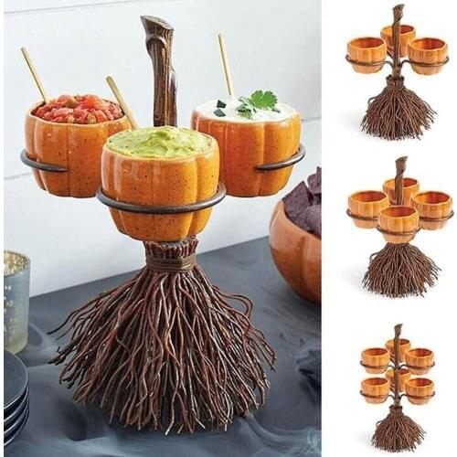 Halloween Pumpkin Snack Bowl Rack Fruit Plate With Wood Holder Candy Serving Plate Bowl Kitchen Party Food Serving Display Tray
