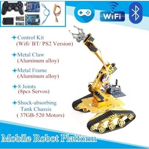 WIFI BT PS2 Control Mobile Platform Damping Tank Chassis With 8 DOF Robot Arm Shock-absoring Tank Chassis And 8DOF Robotic Arm
