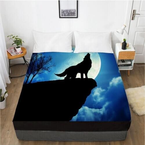 3D HD Digital Printing Custom Bed Sheet With Elastic,Fitted Sheet Twin King,Animal Moon Wolf Bedding Mattress Cover 160x200CM