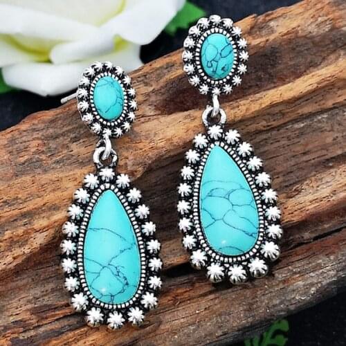 Bohemia Waterdrop Turquoises Resin Dangle Earrings for Women Wedding Party Jewelry Gift Tibetan Ethnic Drop Earring Statement